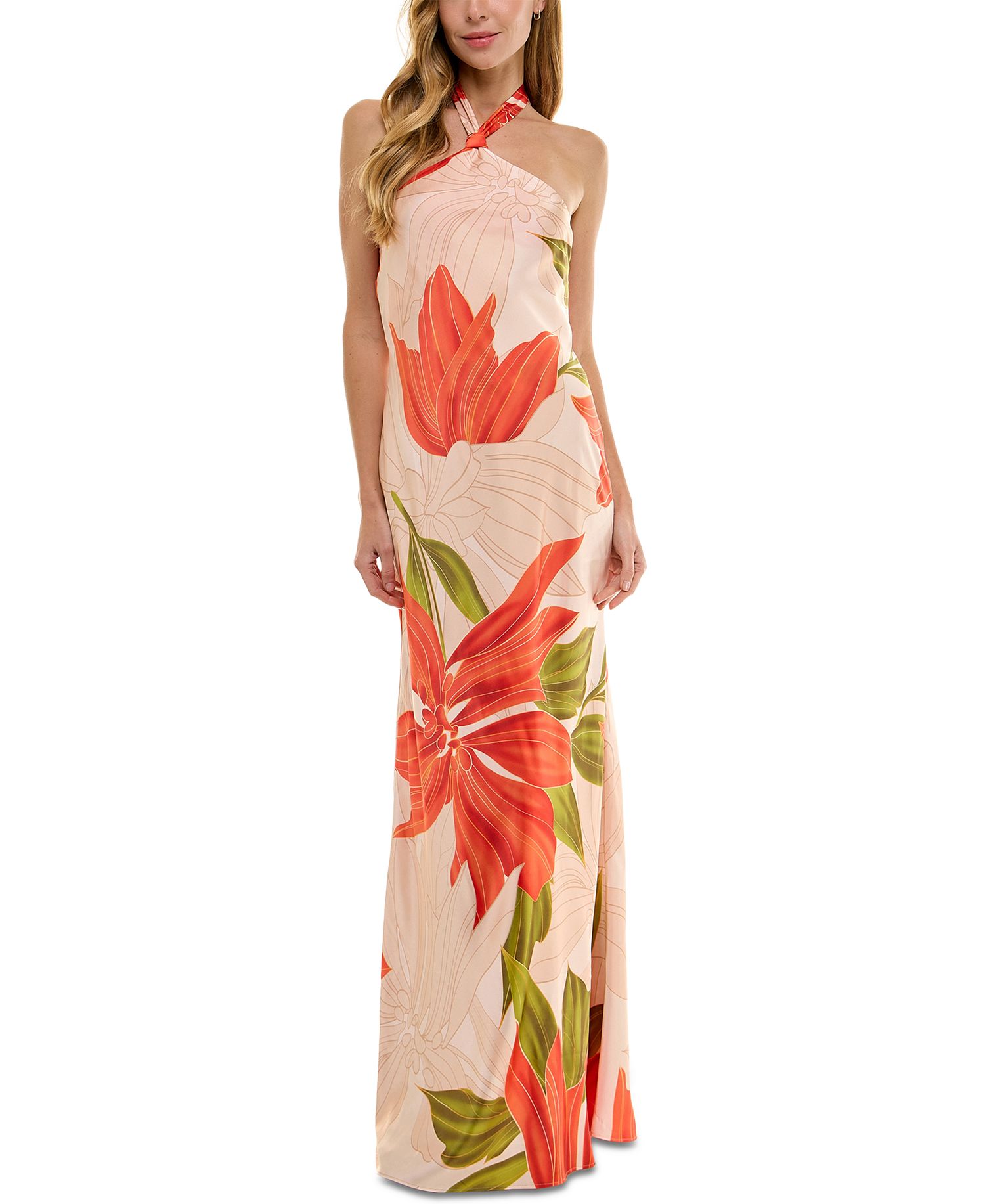 SENI & CADE Juniors' Printed Halter-Neck Satin Long Dress (Peach/rust)