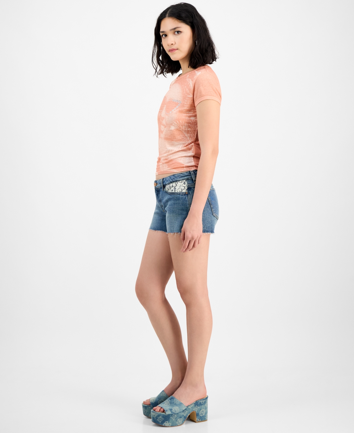 GUESS WOMEN'S LACE-TRIMMED DENIM KATIE SHORTS 