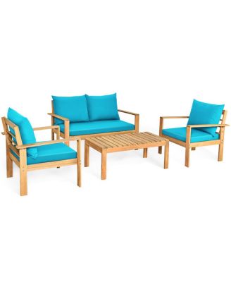 4 Piece Outdoor Furniture Set Patio Acacia Wood Conversation Set w/ Cushions