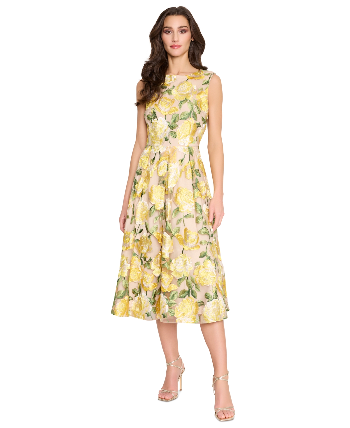 Women's Floral-Embroidered A-Line Midi Dress - Nude Butter