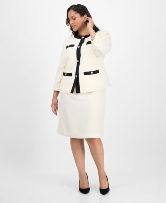 Le Suit - Plus Size Tipped 3/4-Sleeve Jacket And Skirt Suit