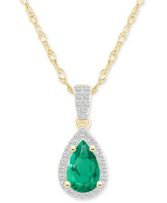 Lab-Created Emerald (3/4 ct. t.w.) & Lab-Created White Sapphire (1/6 ct. t.w.) Pear Halo 18" Pendant Necklace in 10k Gold