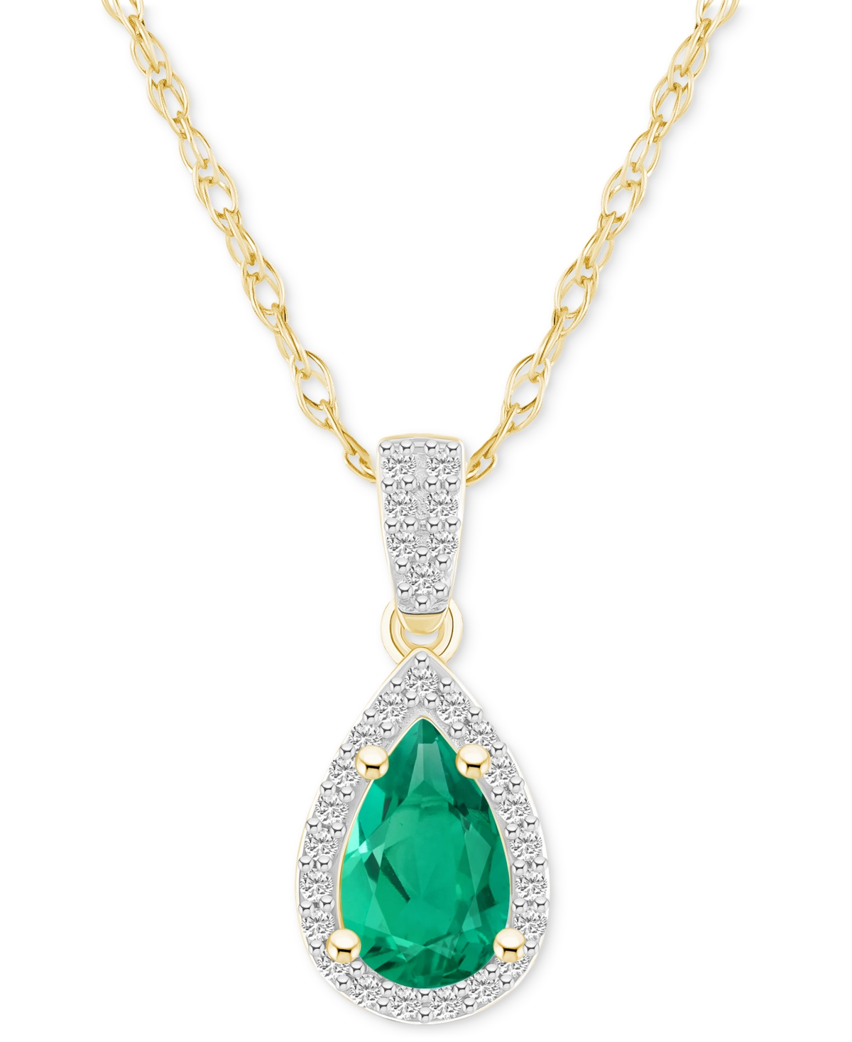 Macy's Lab-created Emerald (3/4 Ct. T.w.) & Lab-created White Sapphire (1/6 Ct. T.w.) Pear Halo 18" Pendant In Emerald,gold