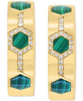 EFFY&reg; Malachite & Diamond (1/6 ct. t.w.) Small Hoop Earrings in 14k Gold, 0.86"