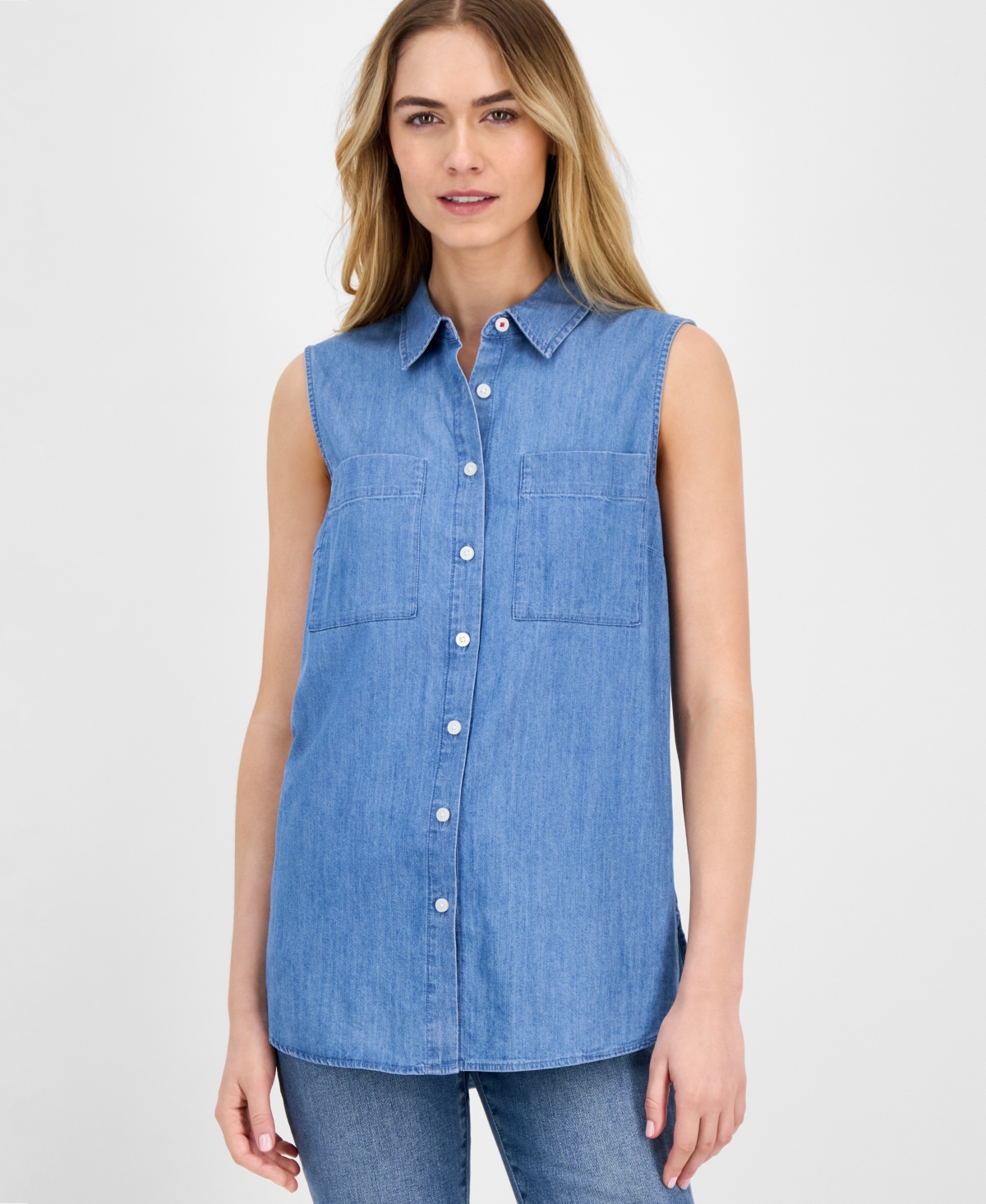 Women's Chambray Sleeveless Button Shirt - Lt Azure