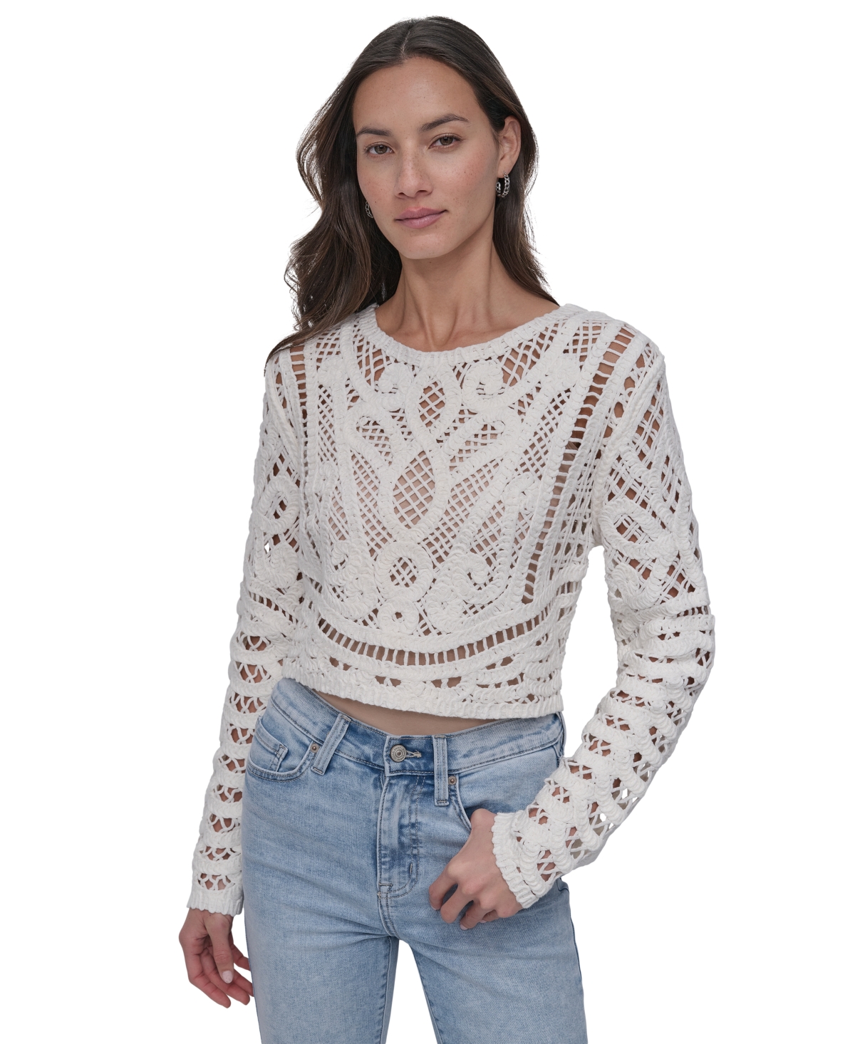 Women's Cotton Crochet Sweater - Ivy - Ivory