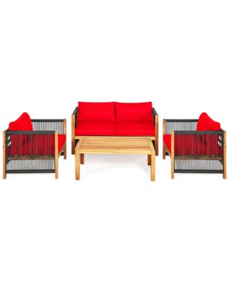 4PCS Patio Outdoor Furniture Conversation Set Acacia Wood  W/ Cushions