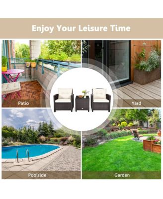 3PCS Patio Outdoor Rattan Conversation Set Garden Yard w/ Cushions Coffee Table