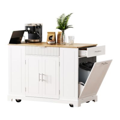 K K Fluted Kitchen Island with Trash Can Storage Power Outlet 3 Drawers Open Side Racks 5 Wheels White