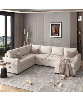 3-Piece Fabric Sectional Sofa – Pull-out Sleeper Bed, Lounge Chair, USB & Type-C Ports – Living Room/Office Furniture