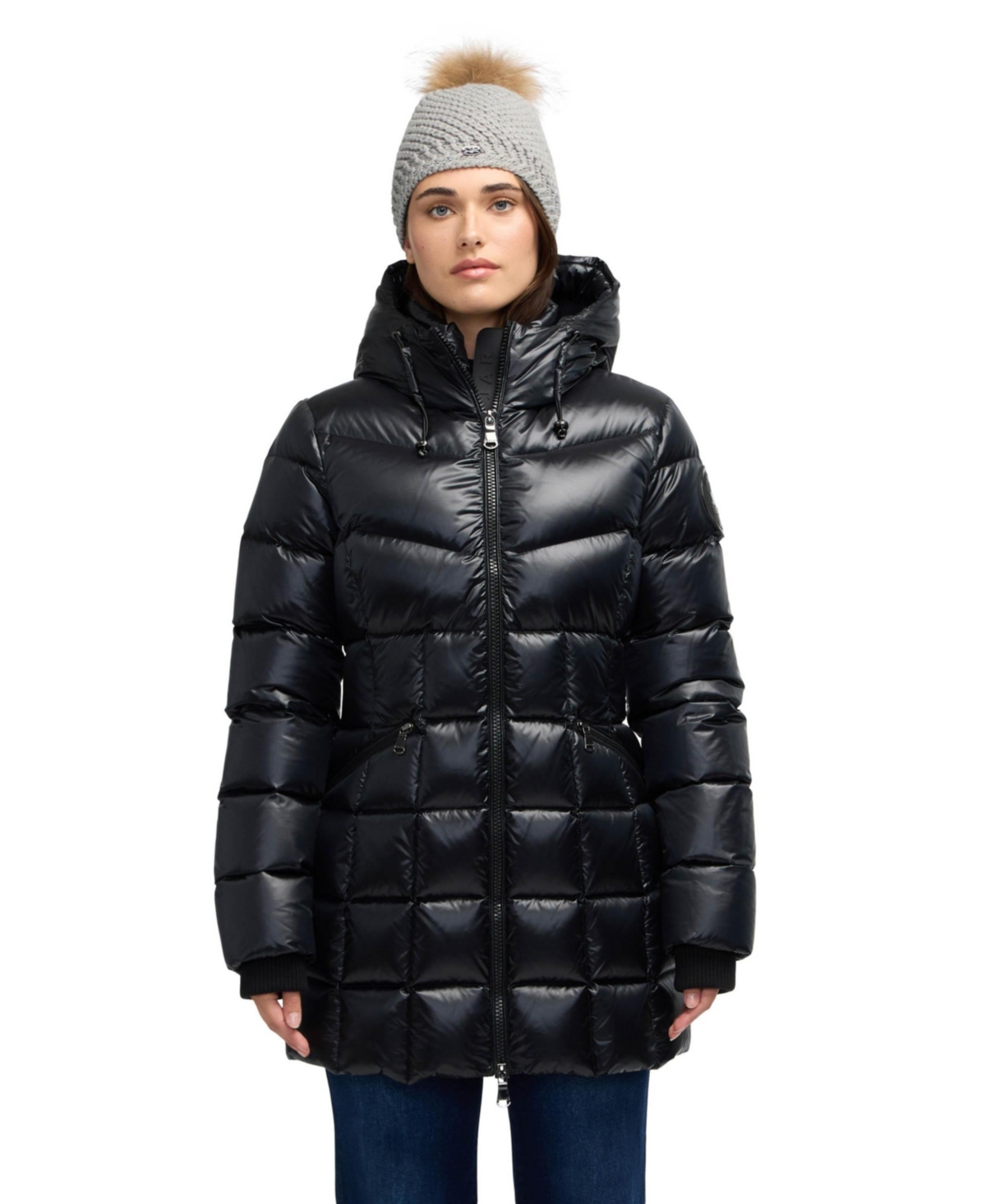 Women's Zola Box Quilt Mid-Length Puffer with Fixed Hood - Black