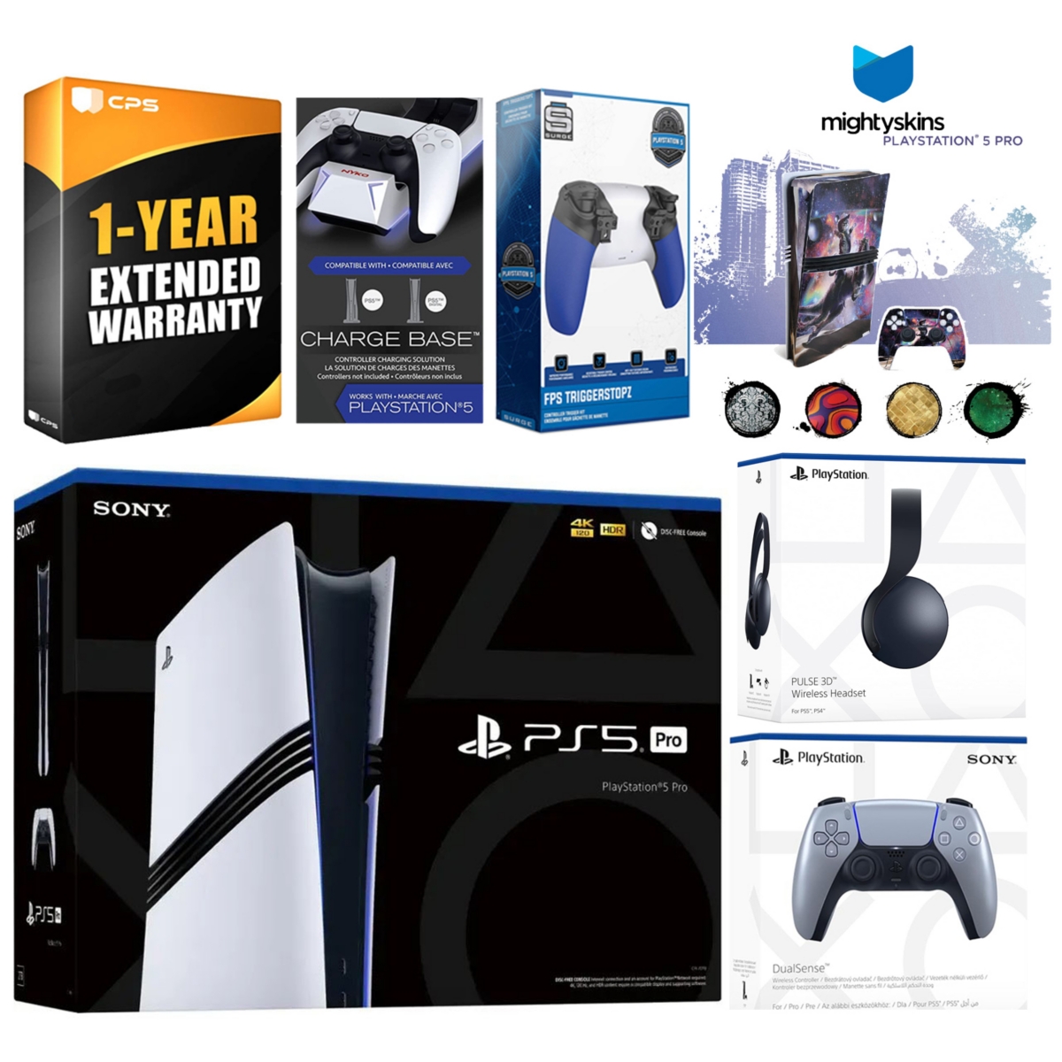 Sony Playstation 5 Pro Bundle with Pulse Headset, Extra Controller, Trigger Stop Kit, Dual Charge Dock and MightySkins Decal Voucher Plus 1 Year Cps E