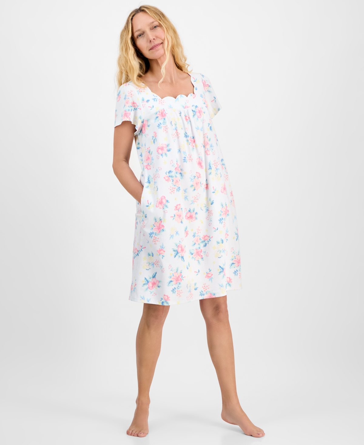 CHARTER CLUB WOMEN'S COTTON SCALLOPED SHORT-SLEEVE CHEMISE, EXCLUSIVELY AT MACY'S 
