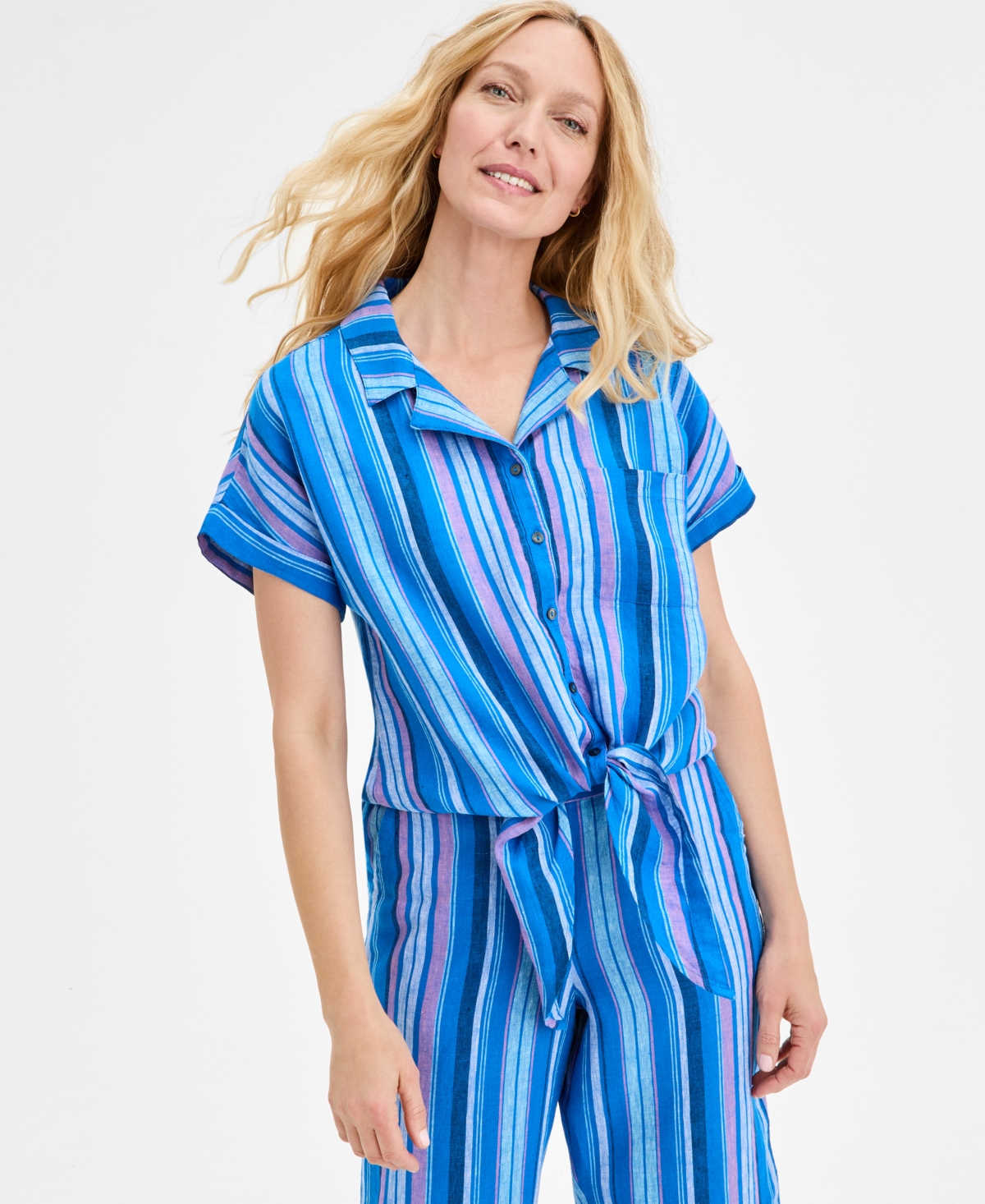 Women's Striped 100% Linen Tie-Front Top, Exclusively at Macy's - Vibrant Blue