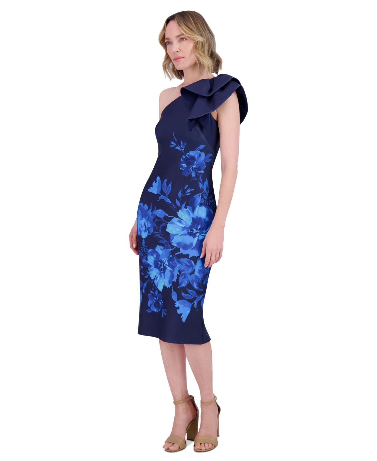 Shop Eliza J Women's Asymmetric-neck Scuba Sheath Dress In Navy,cobalt
