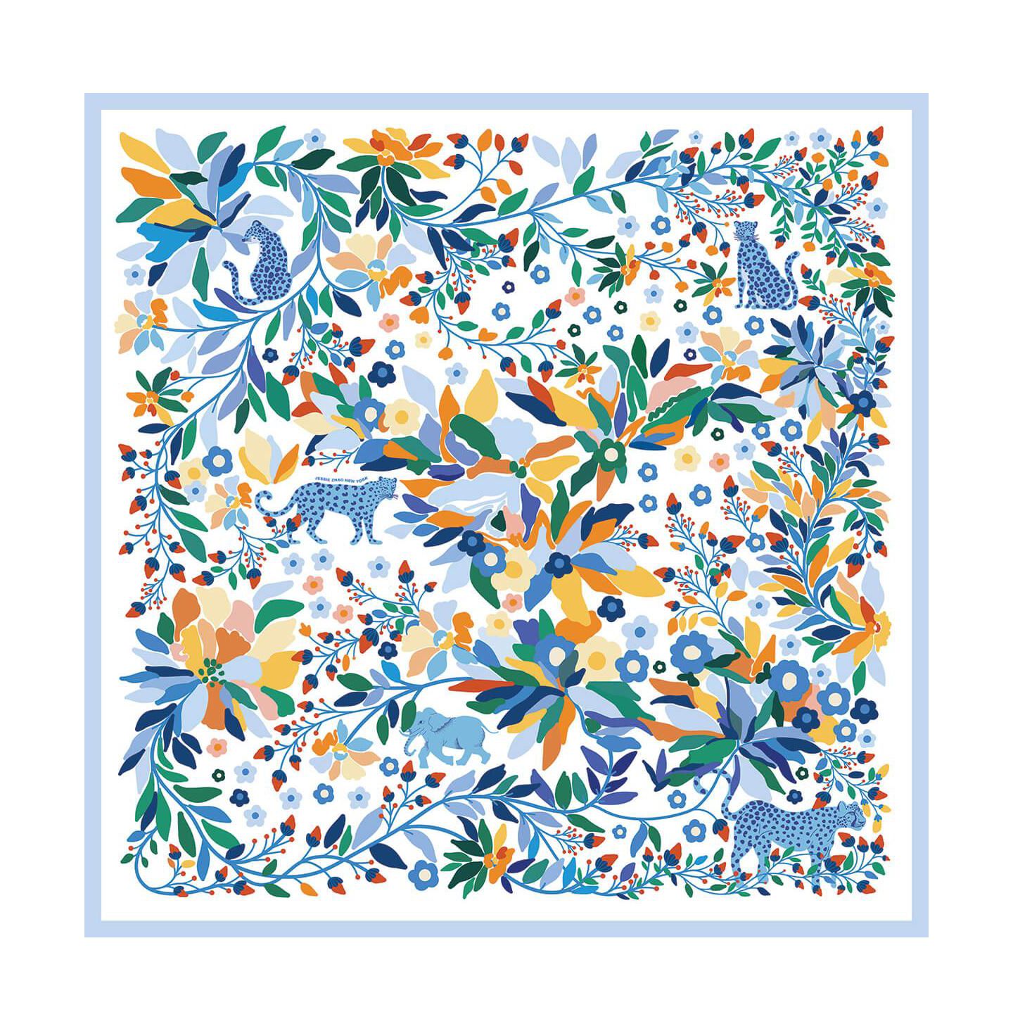 Женский шарф Jessie Zhao New York Double Sided Wool Silk Scarf Of Day Jungle Reverie, цвет: Синий / Белый — фото 1