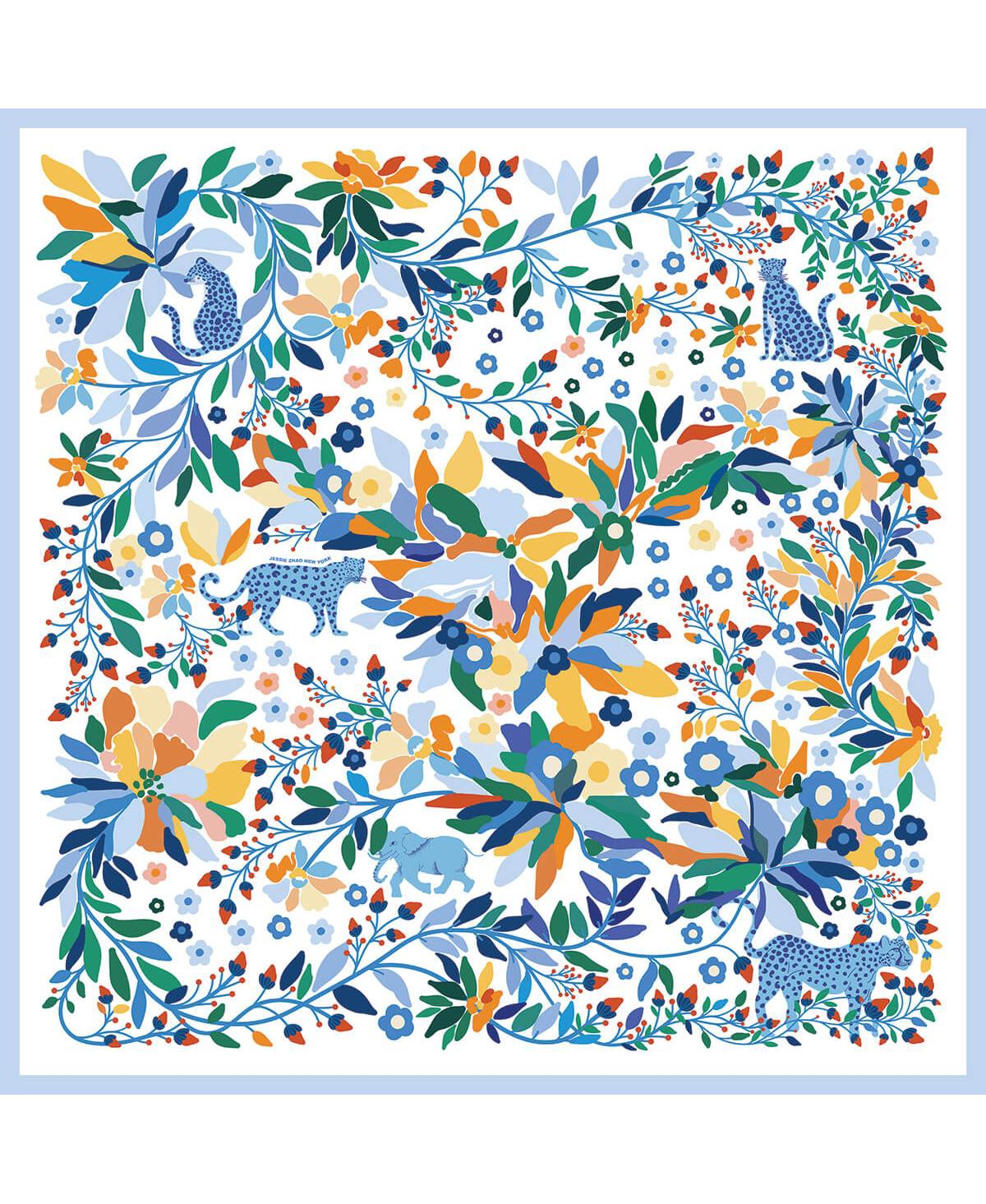 Double Sided Wool Silk Scarf Of Day Jungle Reverie - Blue / white