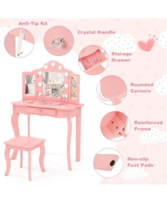 Kid Vanity Table Stool Set with Tri-Folding Mirror and 3-Color LED Lights