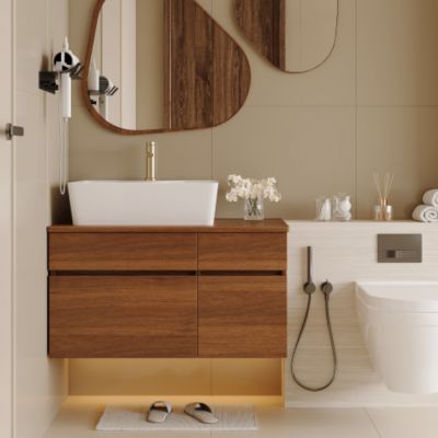 31.5inch Floating Single Bathroom Vanity with Sink High Quality Solid Wood Top Vessel Ceramic Sink