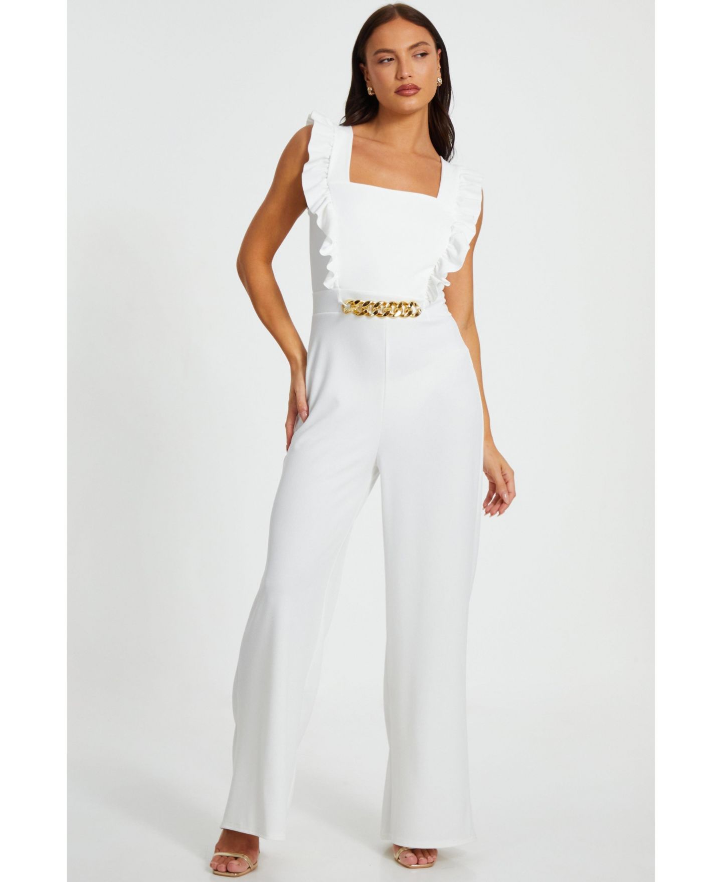 Женский комбинезон QUIZ Scuba Crepe Frill Chain Front Jumpsuit - Black, цвет: Белый — фото 1