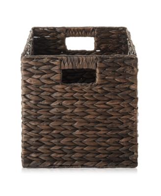 10.5" x 10.5" Water Hyacinth Storage Baskets, Espresso - Set of 4 Collapsible Cube Organizers, Woven Bins for Bathroom, Bedroom, Laundry, Pantry, Shelves