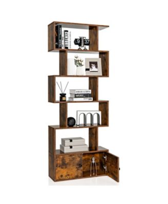 6-Tier S-Shaped Freestanding Bookshelf with Cabinet and Doors