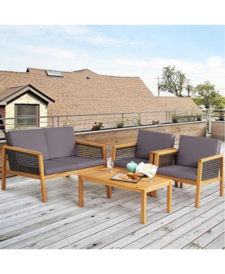 4 Piece Patio PE Rattan Conversation Set Acacia Wood Furniture Set  w/ Cushions