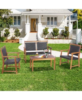 4 Piece Outdoor Acacia Wood Furniture Set Patio Rattan Conversation Set w/ Table