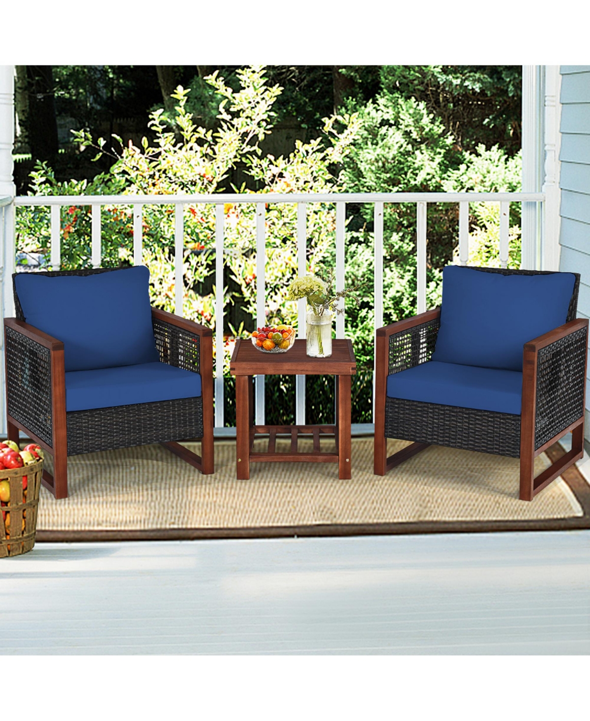 Gymax 3 Piece Outdoor Furniture Set Rattan Wicker Patio Conversation Set w/ Cushion