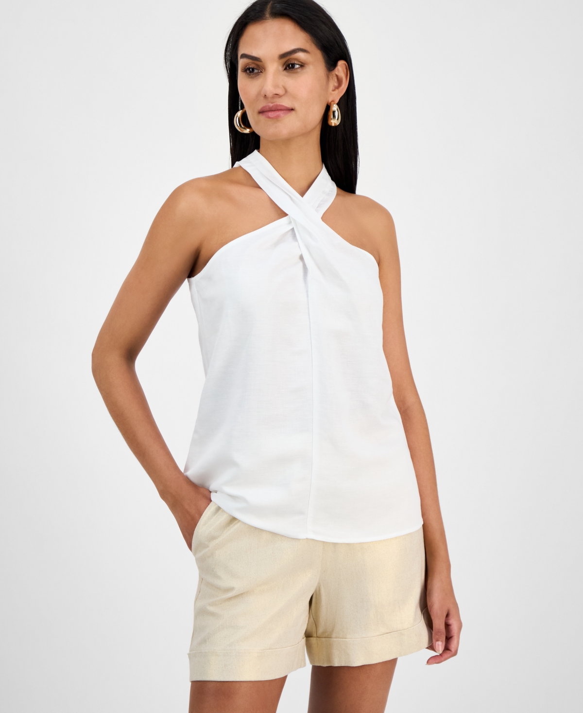 Inc International Concepts Women's Linen-blend Halter Top, Exclusively At Macy's In Bright Whi