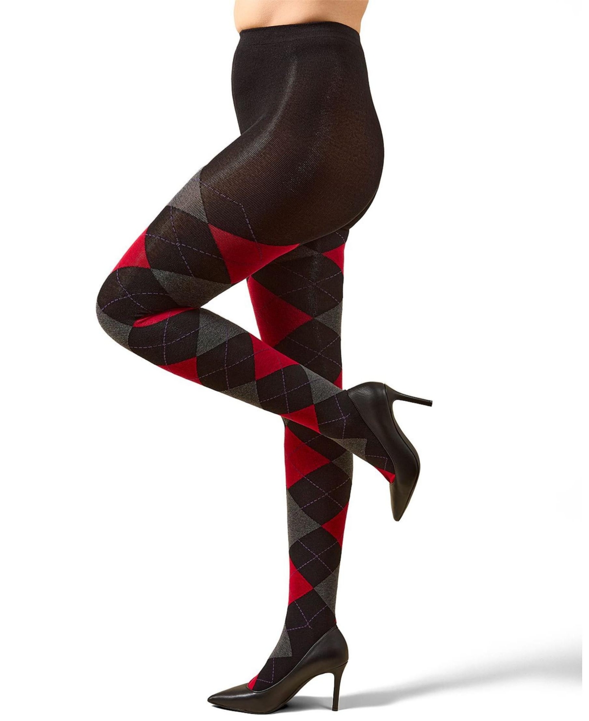 Memoi Argyle Sweater Tights In Black-red