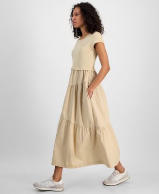Women's Cotton Mixed Media Tiered Fit & Flare Dress