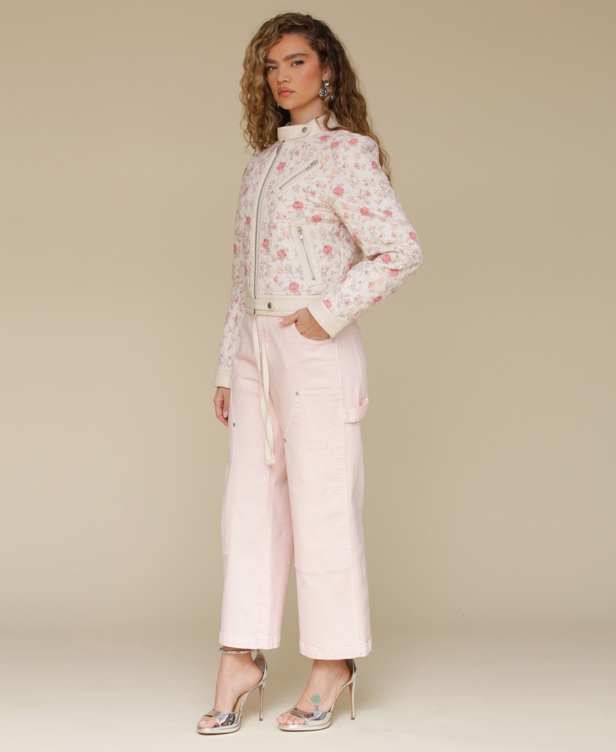 Shop Avec Les Filles Women's Quilted Cropped Moto Jacket In Soft Pink Floral