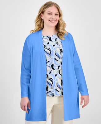 AK Anne Klein - Plus Size Open-Front Long-Sleeve Side-Slit Cardigan