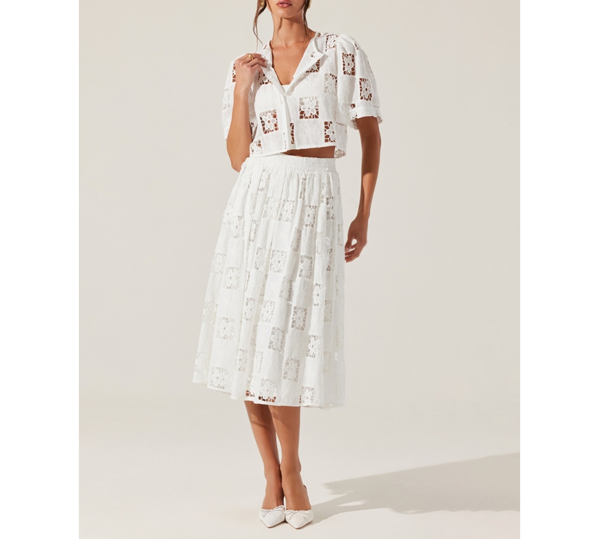 Astr The Label Andolina Floral Lace Button-up Crop Top In White