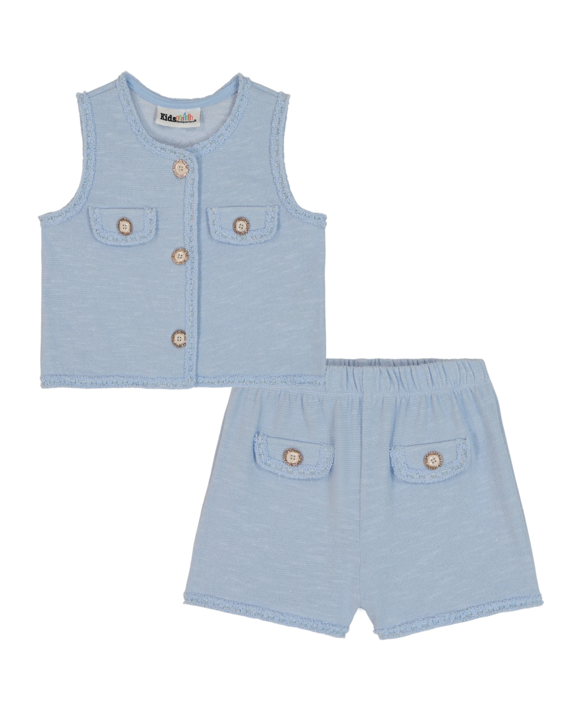 Shop Kids Headquarters Toddler And Little Girls 2-piece Crochet Trim Lurex Weave Button Up Vest And Shorts Set In Blue