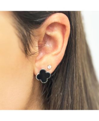 Large Onyx Clover Stud Earrings 14K White Gold