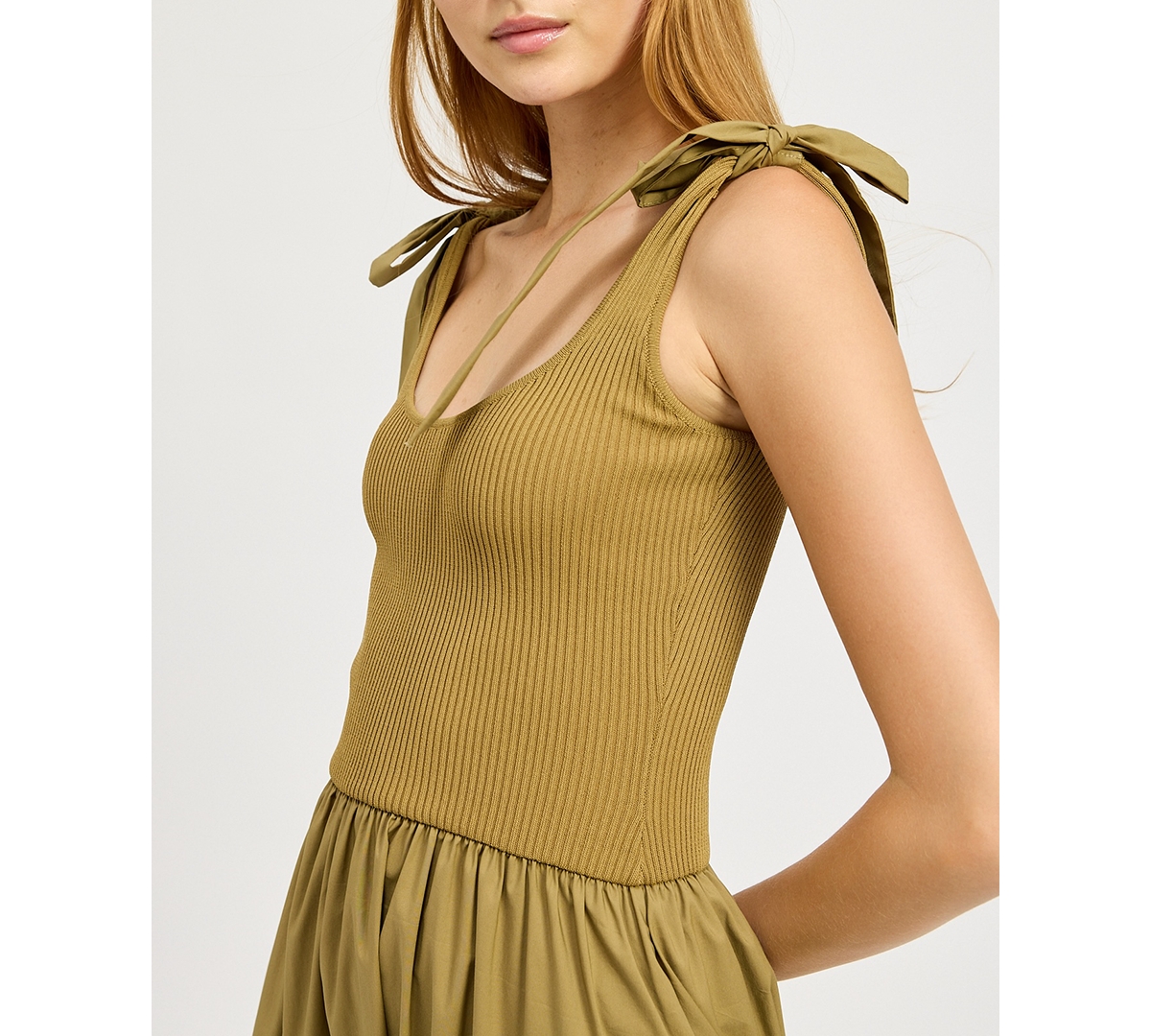 En Saison Wren Mixed Media Midi Dress In Khaki In Khaki