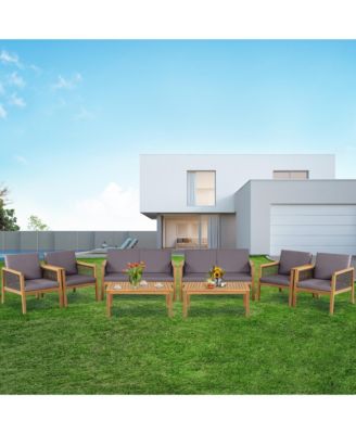 8 Piece Patio Rattan Conversation Set Acacia Wood Furniture Set PE w/ Cushions