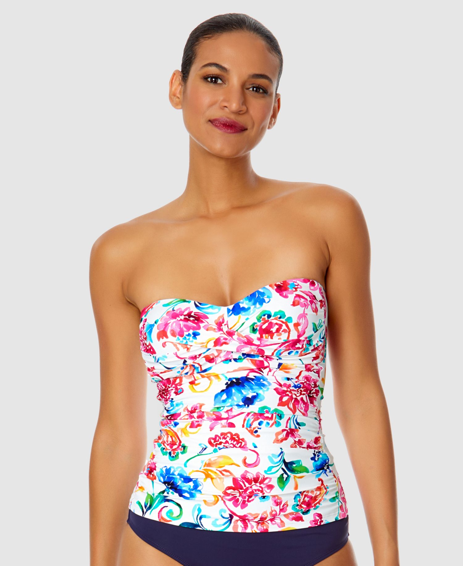Twist-Front Ruched Tankini Top and High Waistband Bottoms