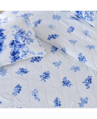 Blue Watercolor Florals Microfiber Quilt Set With Shams