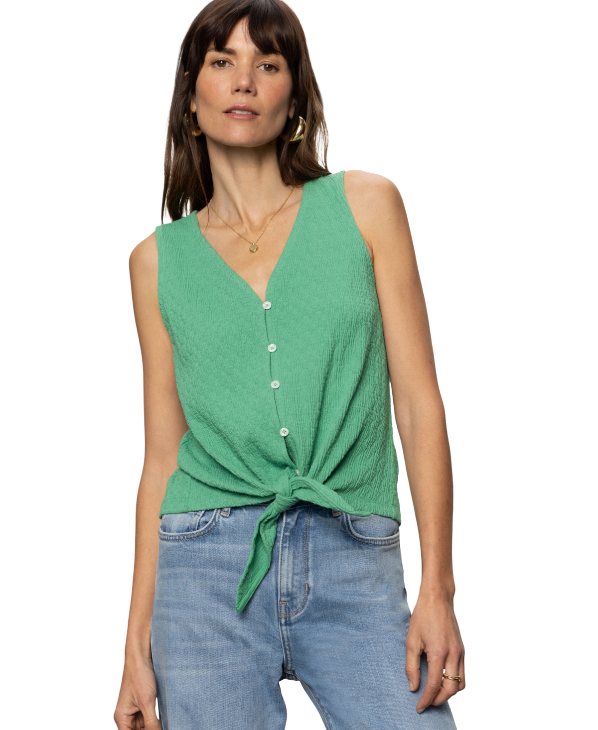 Sanctuary Vacation Textured Tie Front Button-up Tank In Palm