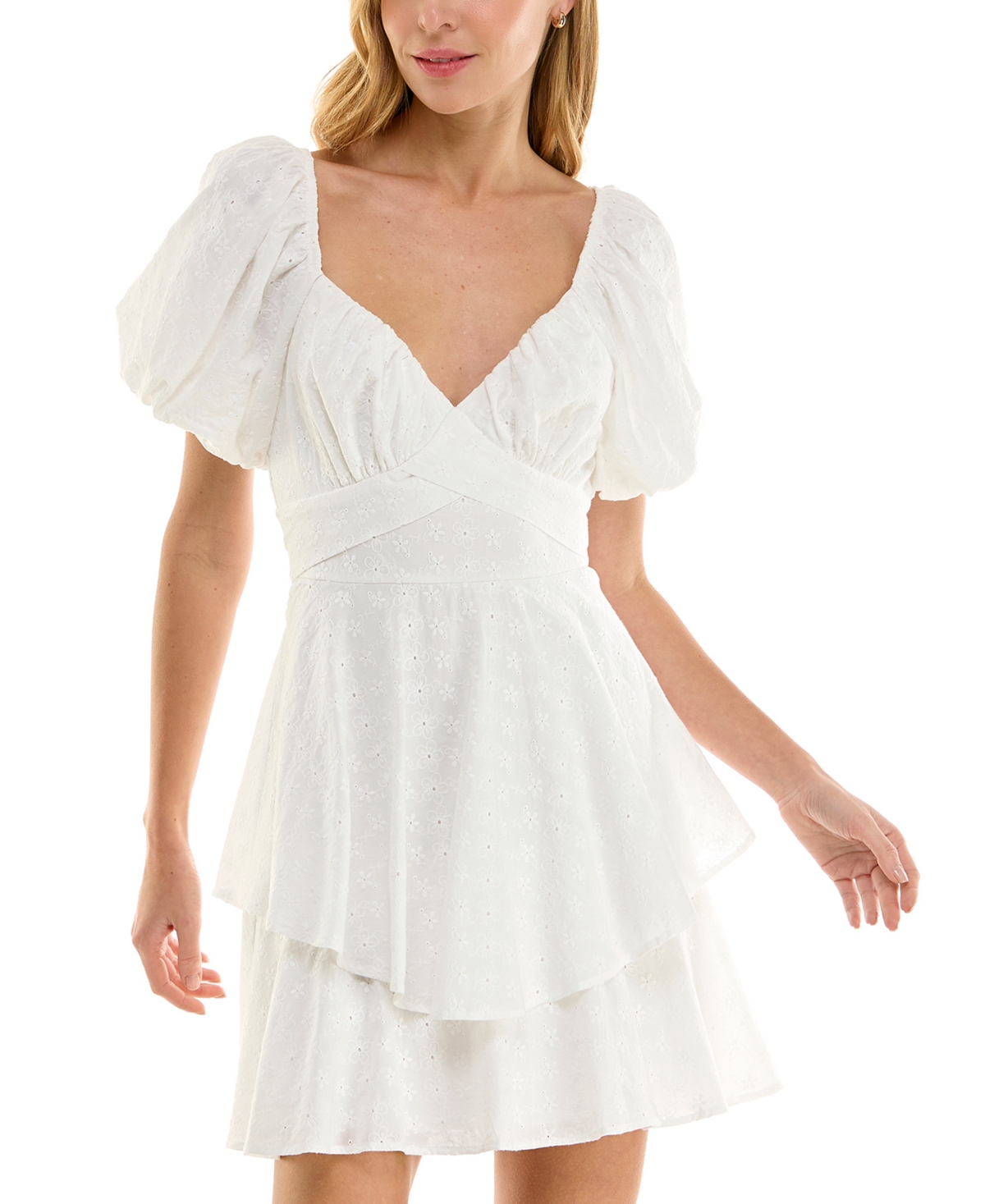 Juniors' Embroidered Eyelet Puff-Sleeve Dress - White