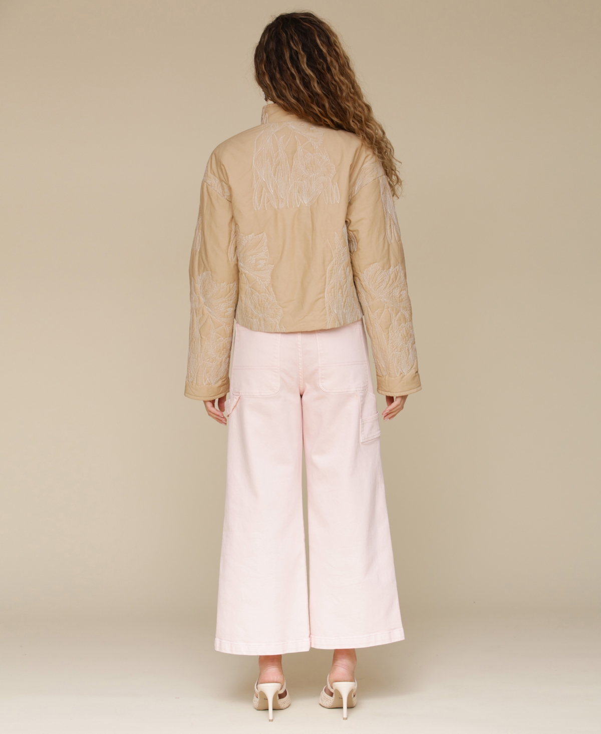 Shop Avec Les Filles Women's Cotton Embroidered Cropped Jacket In Tan,ivory Quilting