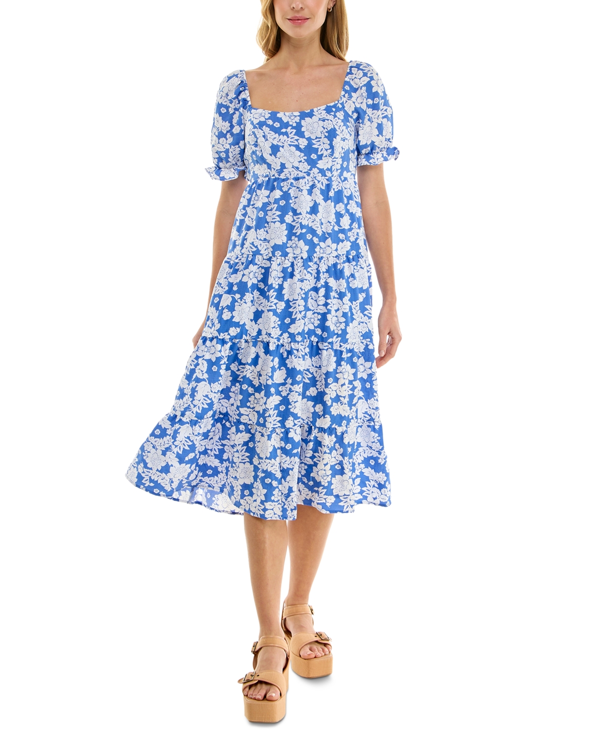Juniors' Floral-Print Bow-Back Puff-Sleeve Woven Dress - Blue/white