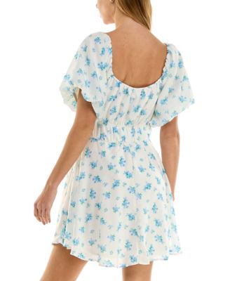 Juniors' Printed Lace-Up Bubble-Sleeve Skater Dress