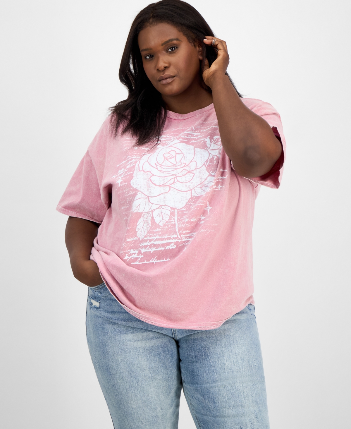Trendy Plus Size Cotton Rose Mineral Wash T-Shirt - Lilas