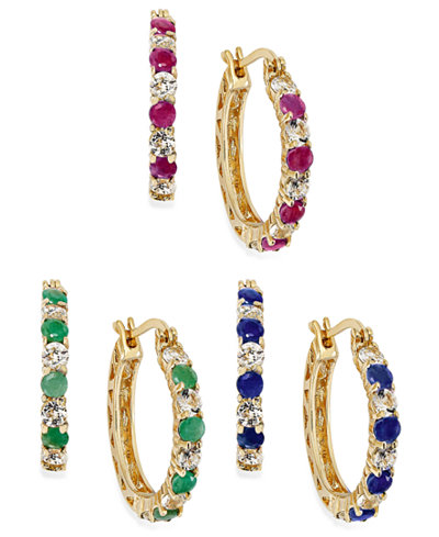 Precious Gemstone and White Topaz Hoop Earrings in 18K Gold over Sterling Silver
