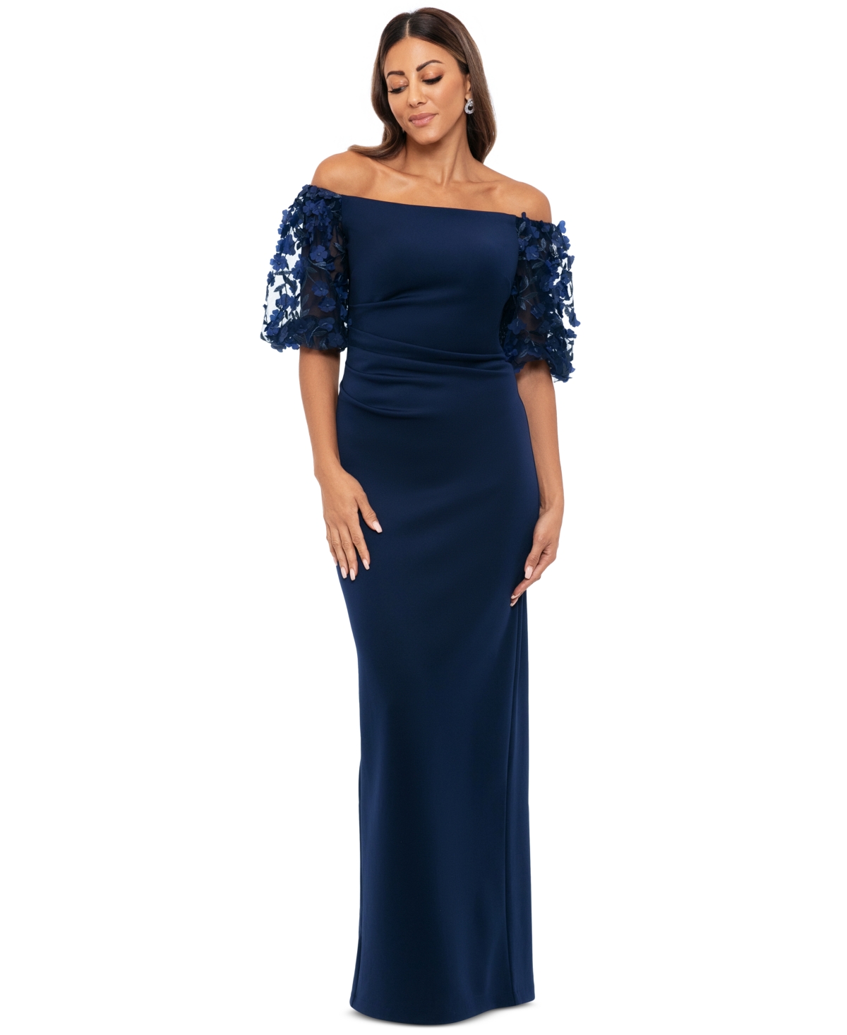 Xscape Petite Lace Off-the-shoulder Sleeve Gown In Navy