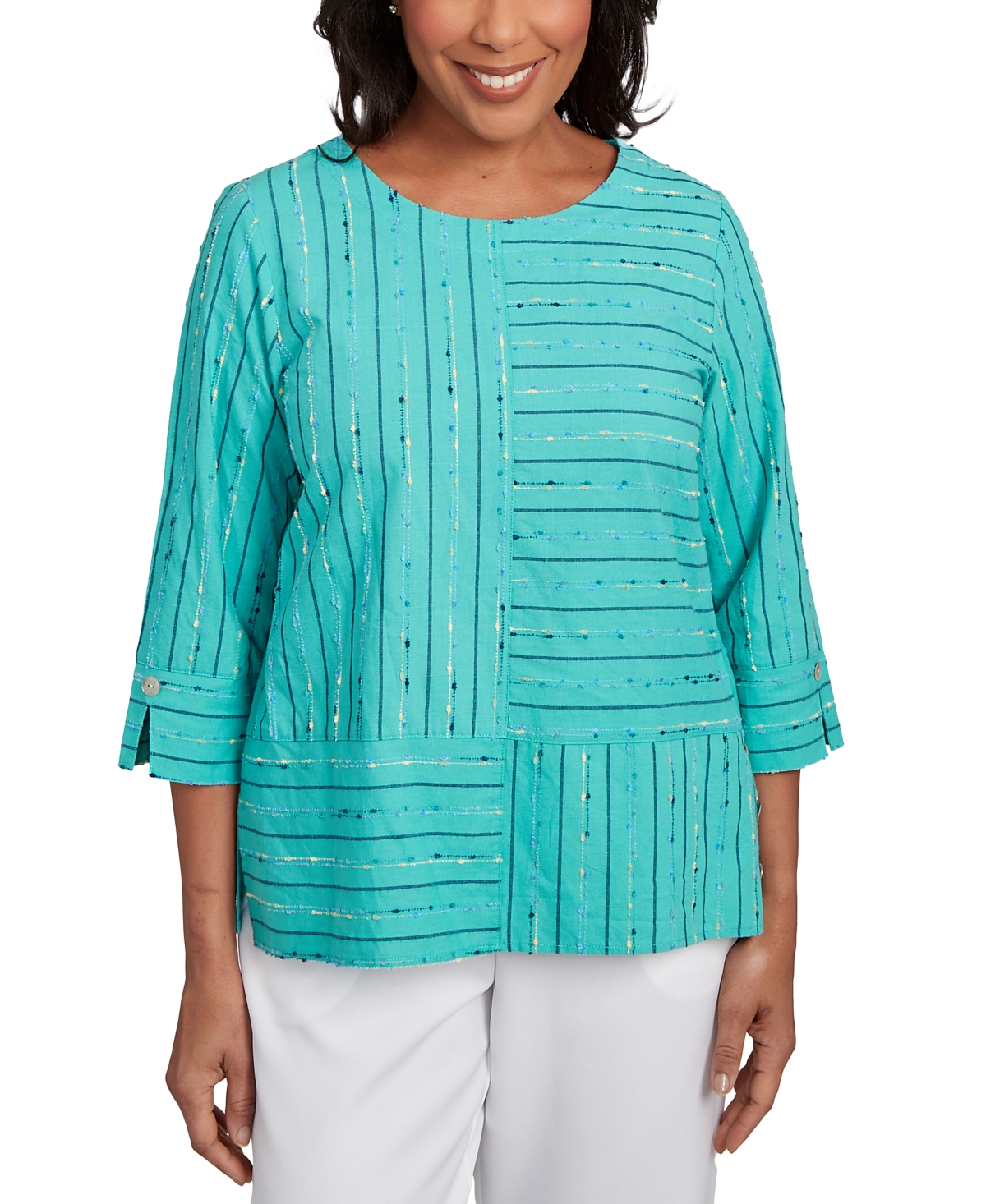Alfred Dunner Plus Size Nantucket Spliced Jacquard Texture Crew Neck Top In Jade